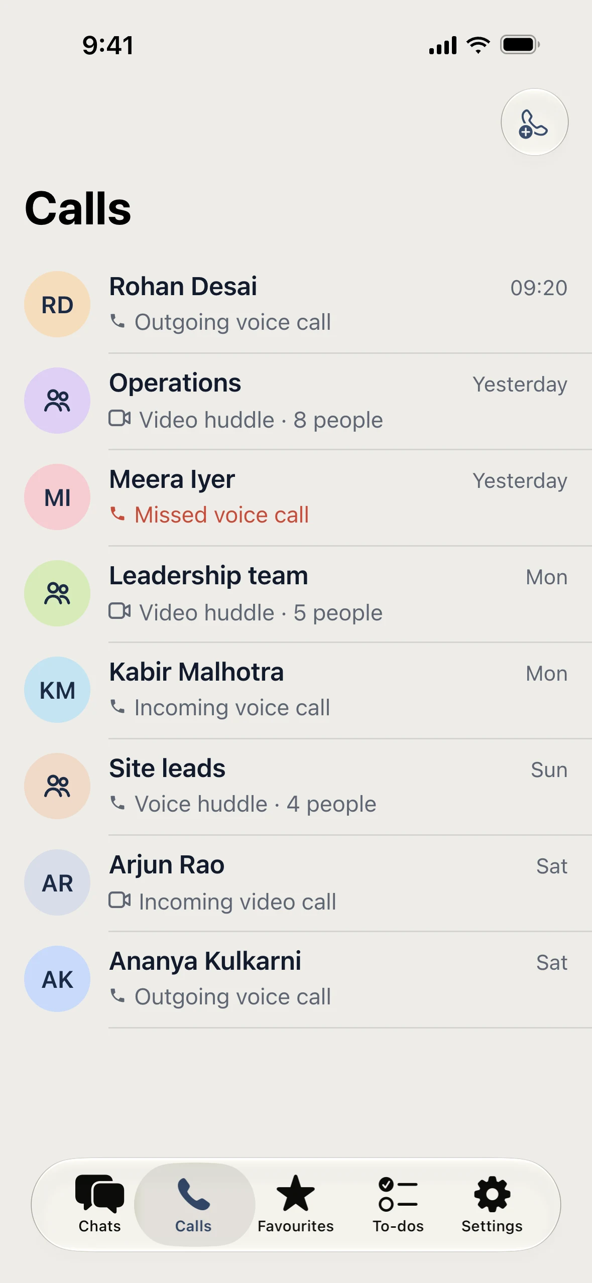 Calls list with video and voice huddles