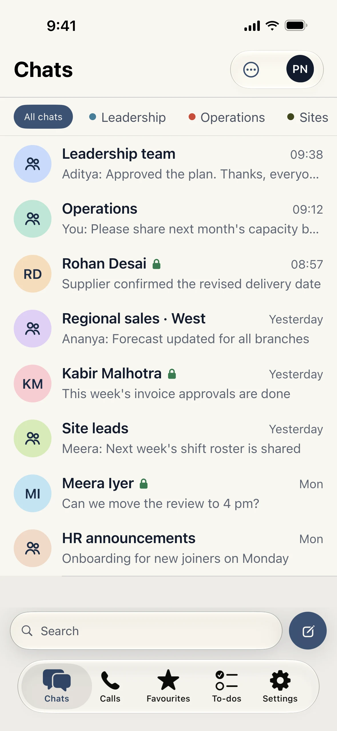 Chats list with chat folders, team groups and direct conversations
