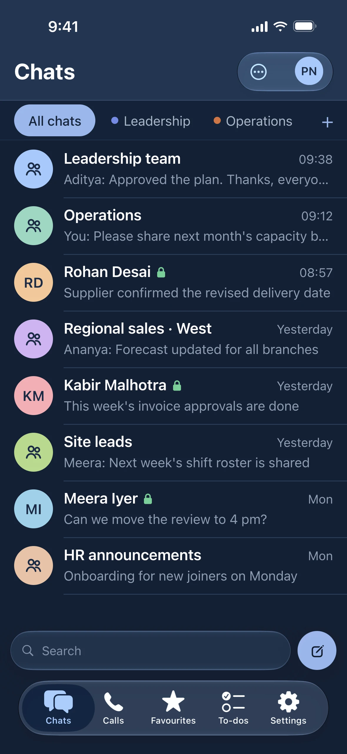 Nther app chats list with team groups (sample data)