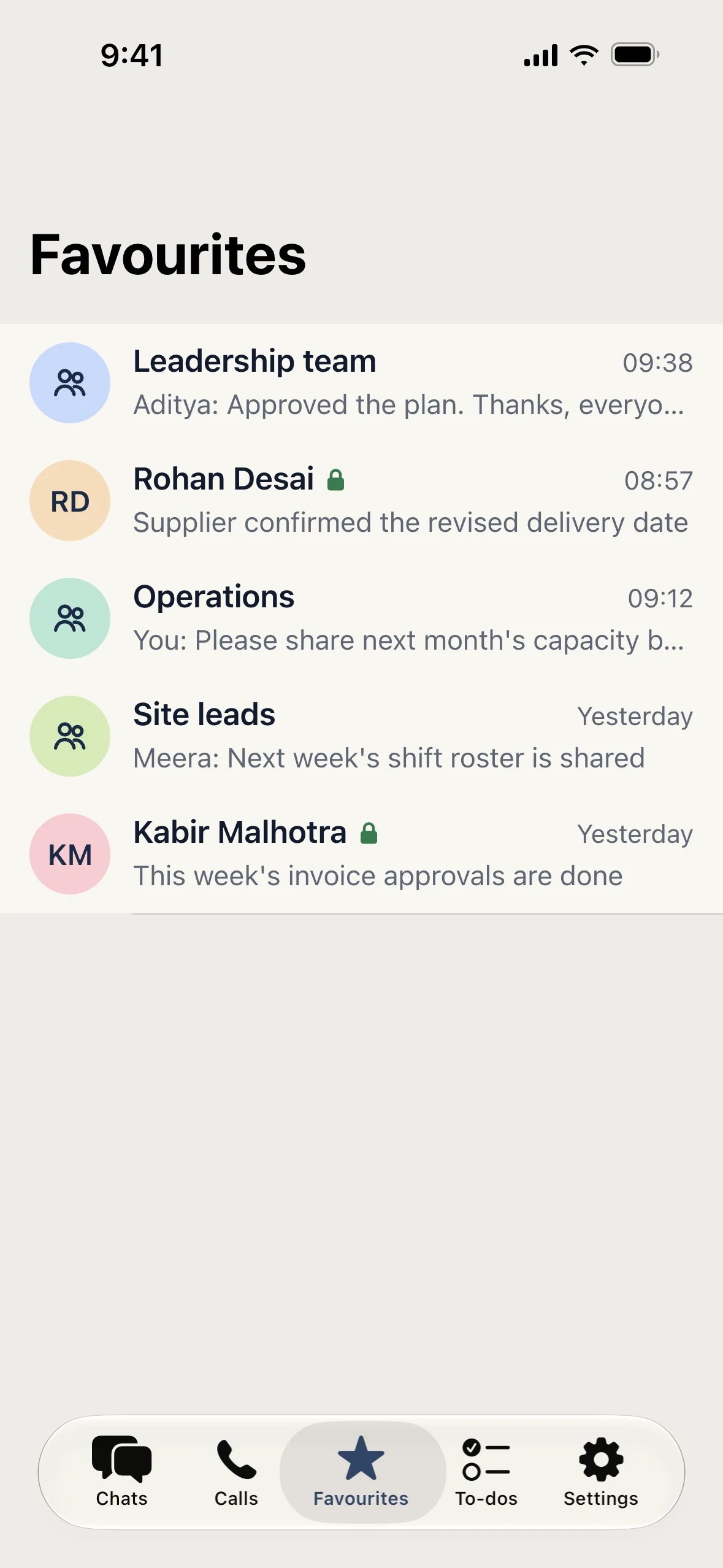 Favourites screen with starred conversations