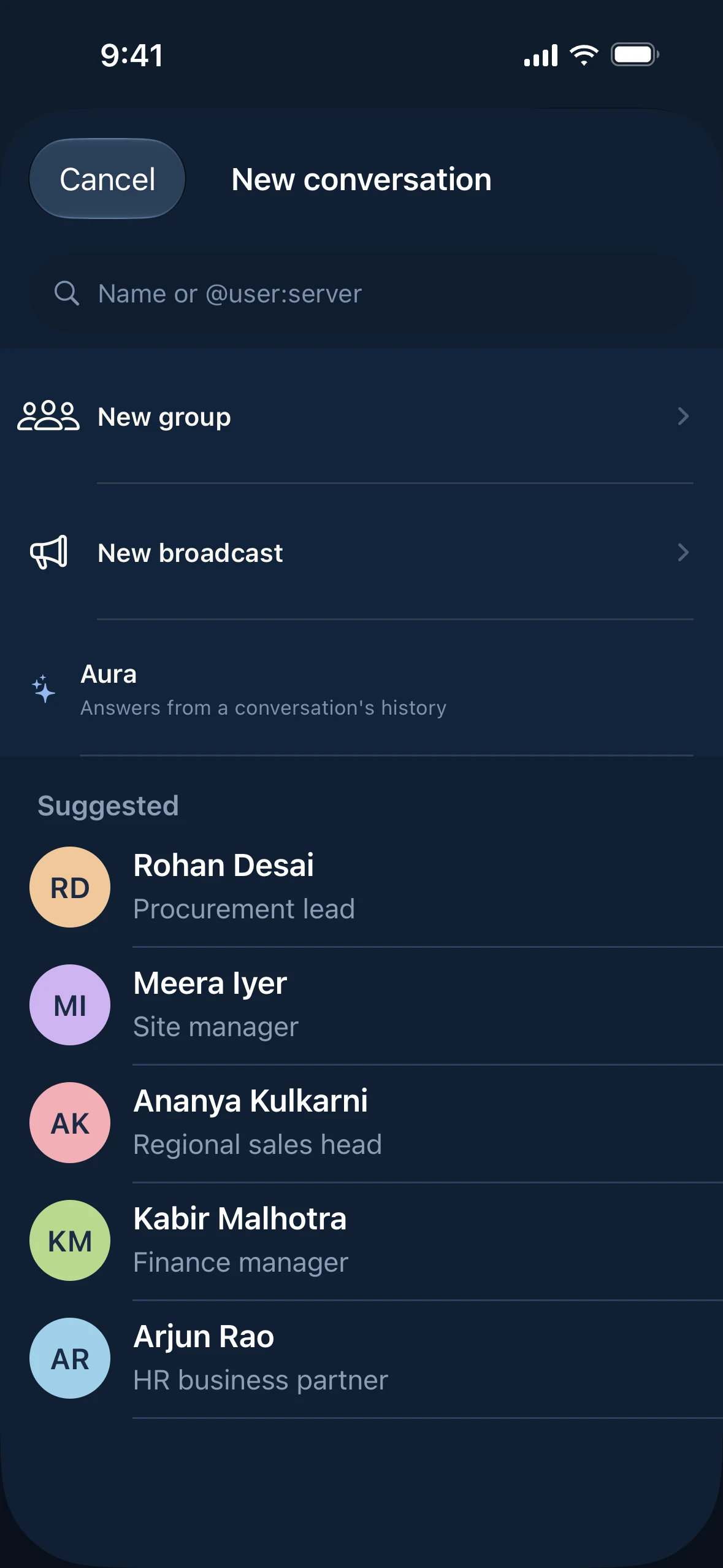 New conversation screen with New broadcast option (sample data)