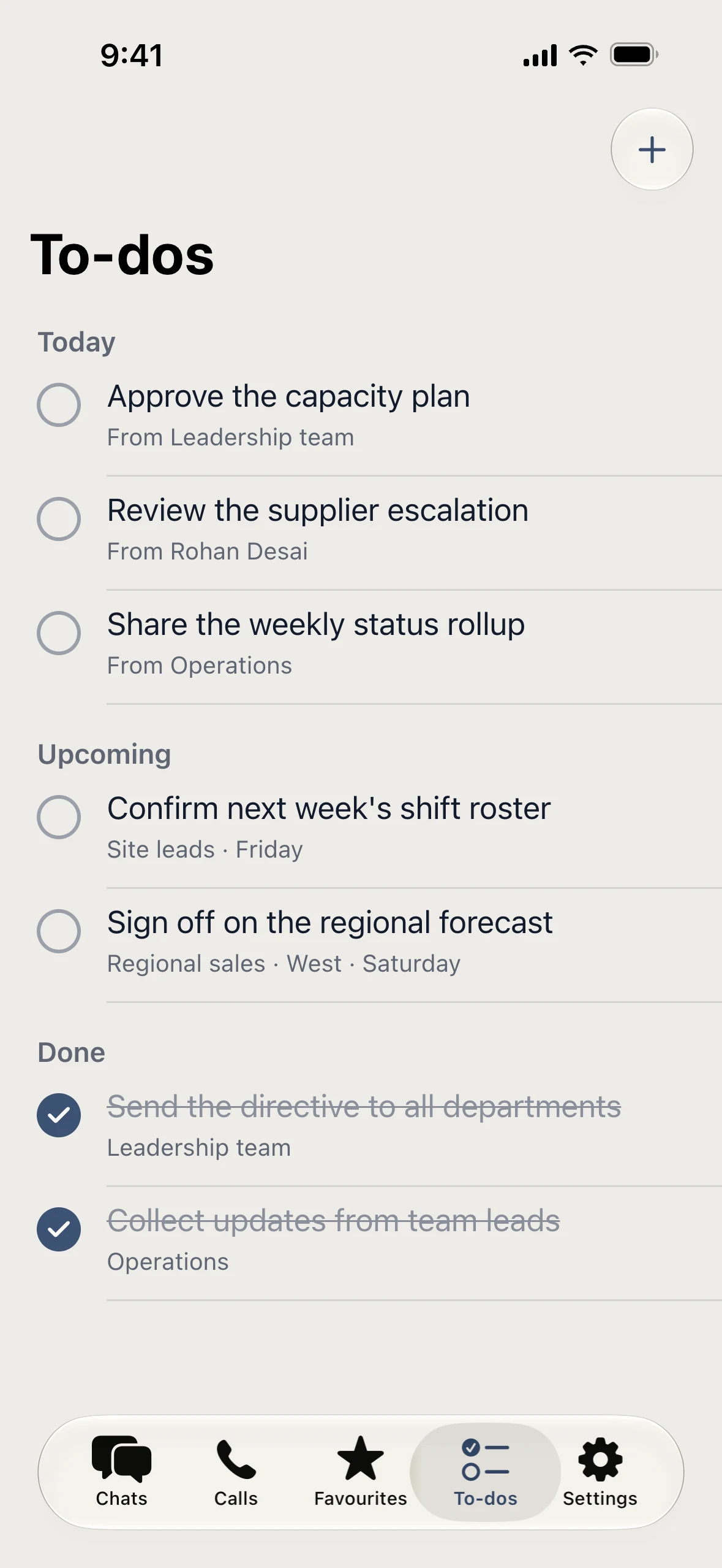 To-dos list with tasks for today and upcoming